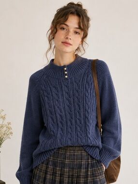 Karen Scott Blue Cottagecore Dark Academia Coastal Cable Knit Sweater Medium